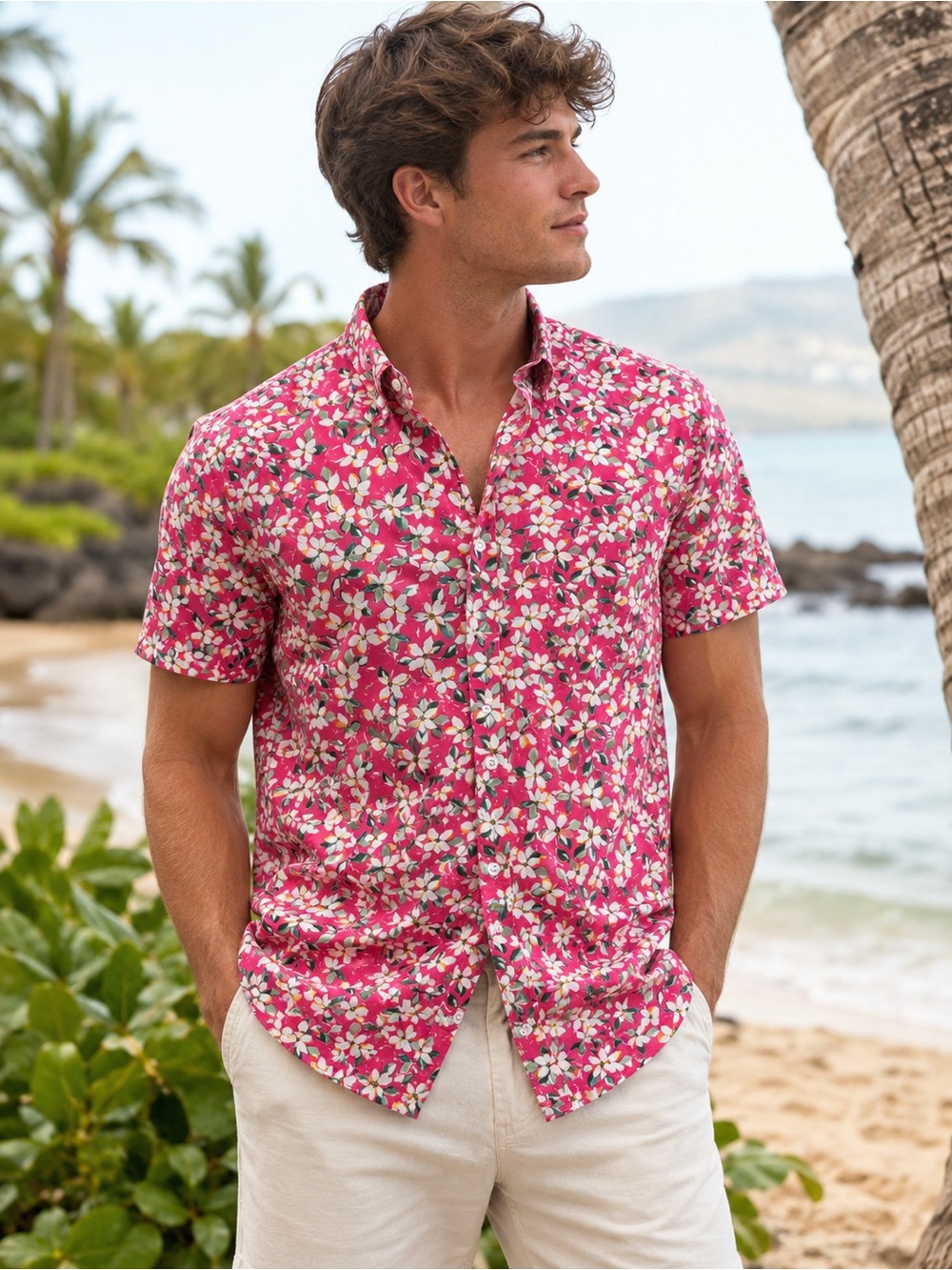 J Crew Floral Button Down Shirt Pink Tropical Resort Large Slim
